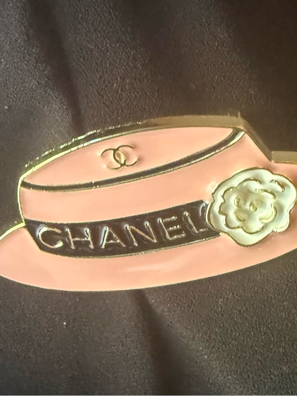CHANEL Pink and Black Hat Motif Pin with Gold Camellia Accent